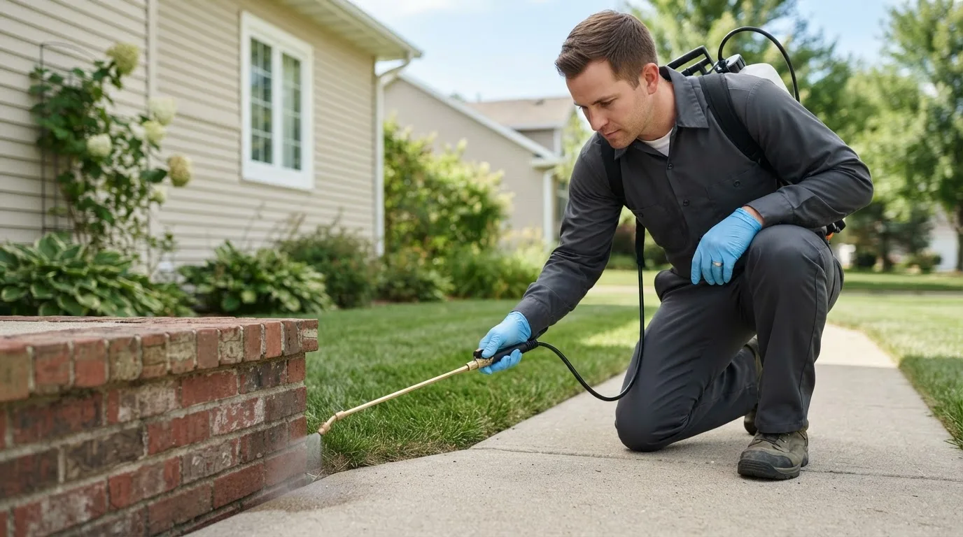 Pest control technician treating a home near Hurley, SD